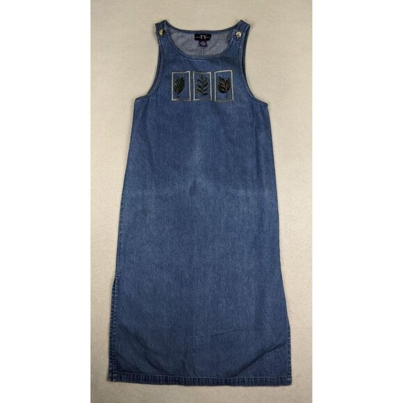 Original TY Wear Women's Dress Size 10P Denim Jumper Embroidered Midi Vtg 90s - Picture 1 of 12